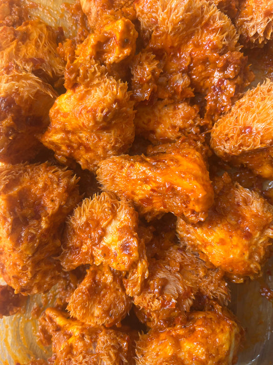 Barbecued Lion’s Mane Skewers with Harissa and Preserved Lemon